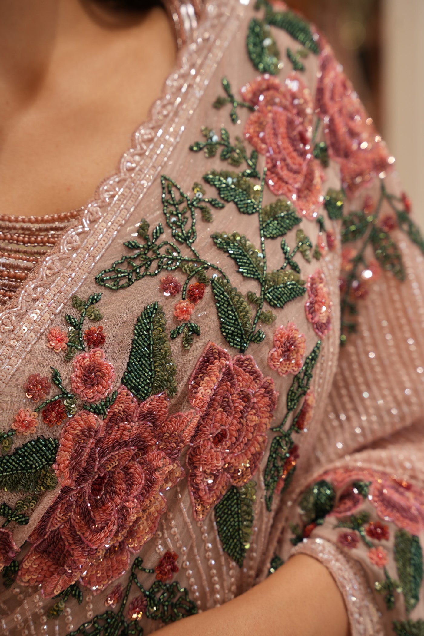 Blush Pink Georgette Saree with Heavy Floral Sequins Embroidery