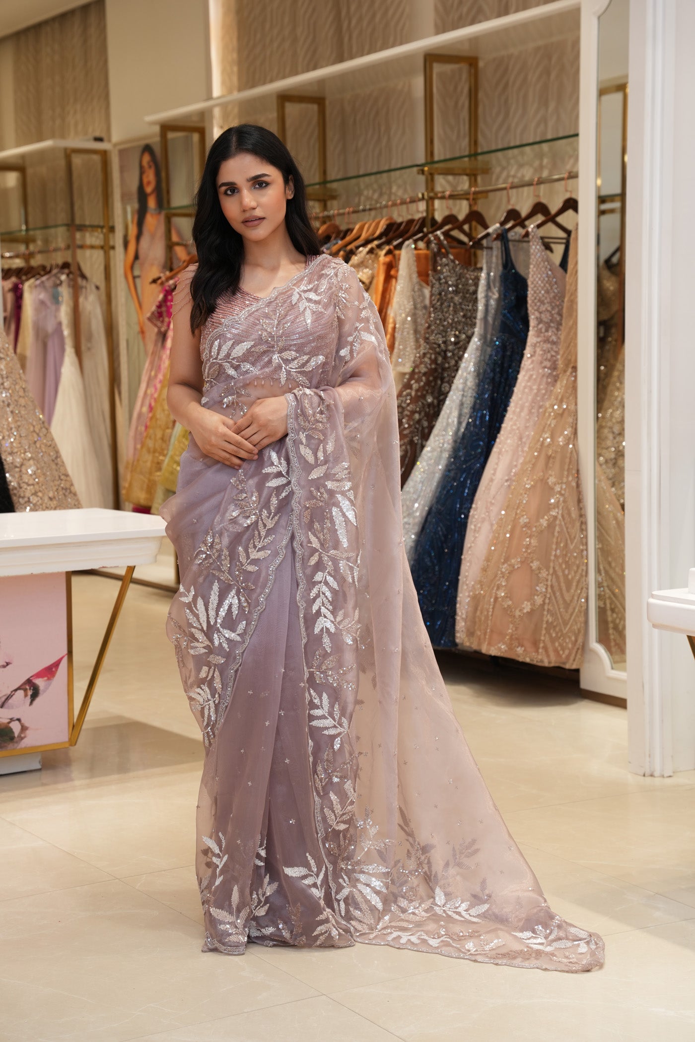 Elegant Mauve Organza Tissue Saree with Sequins Floral Embroidery
