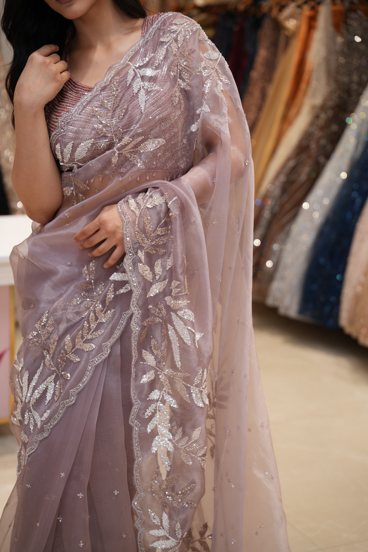 Elegant Mauve Organza Tissue Saree with Sequins Floral Embroidery