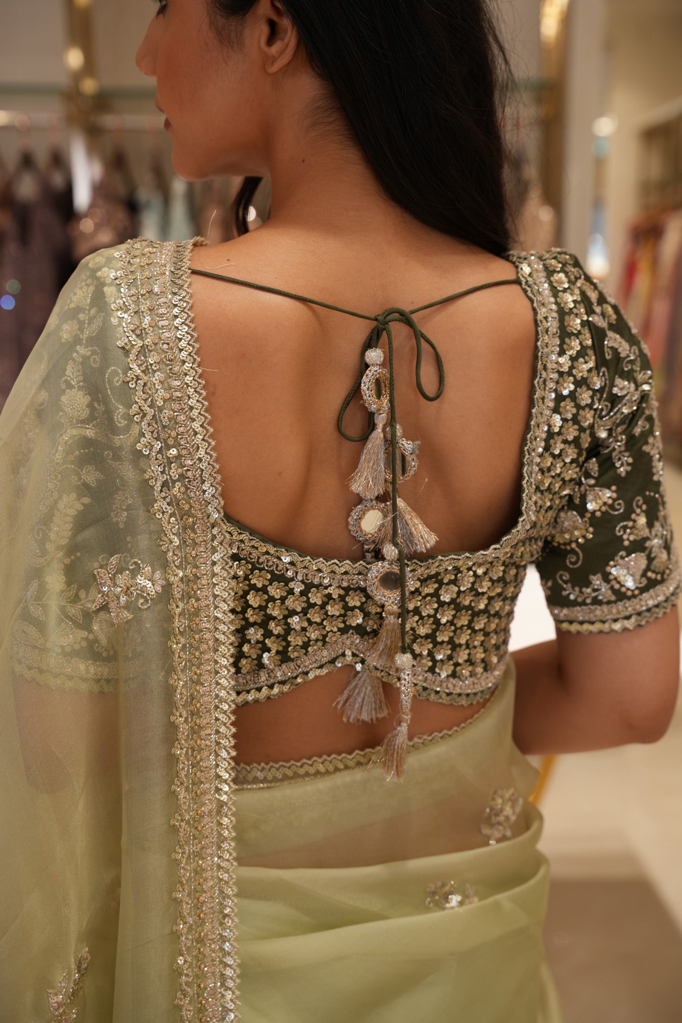 Olive Green Designer Organza Saree with Heavy Sequin & Zari Embroidered Blouse