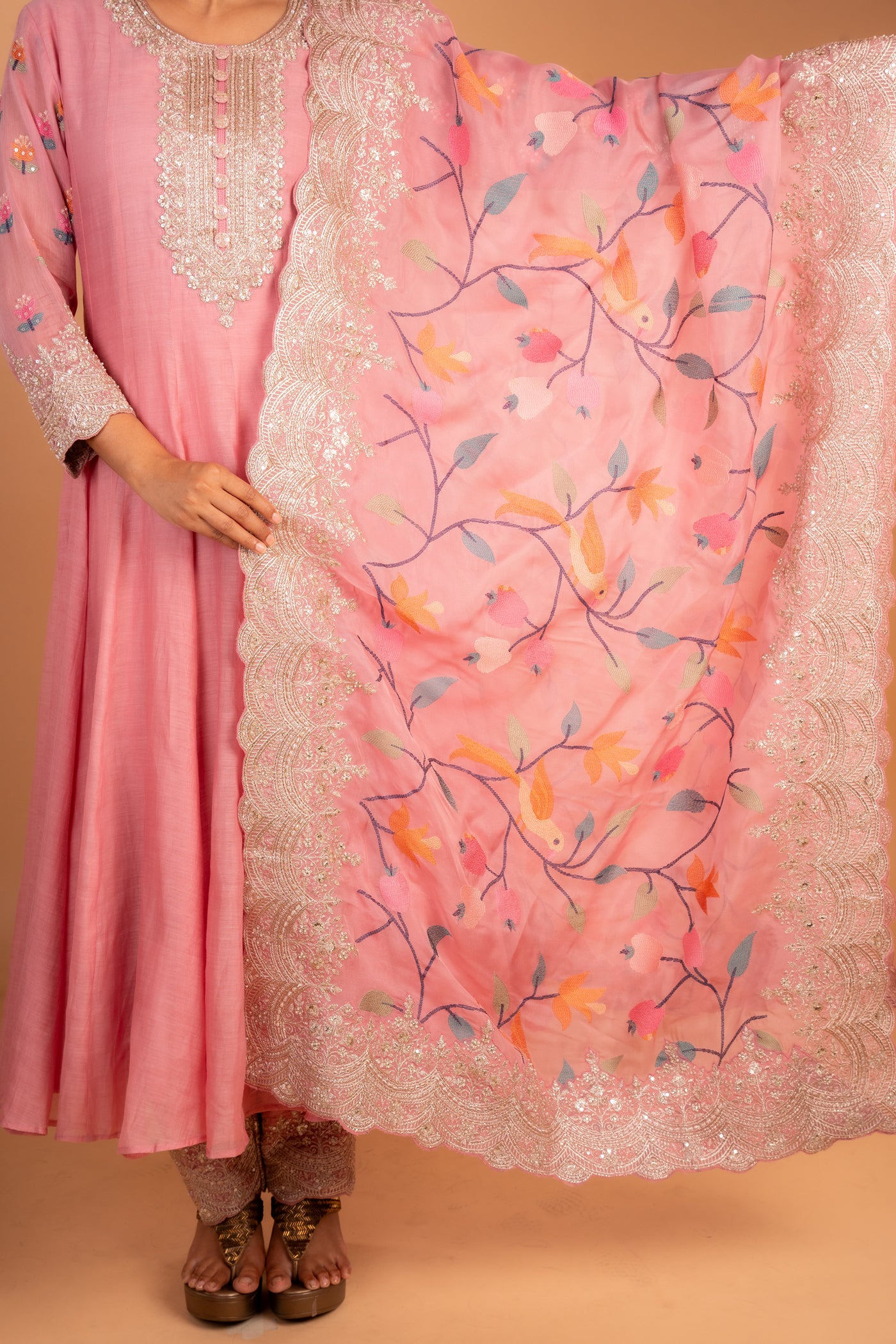Blush Pink Hand-Embroidered Anarkali with Elegant Neck Detailing comes along with a multicolored dupatta