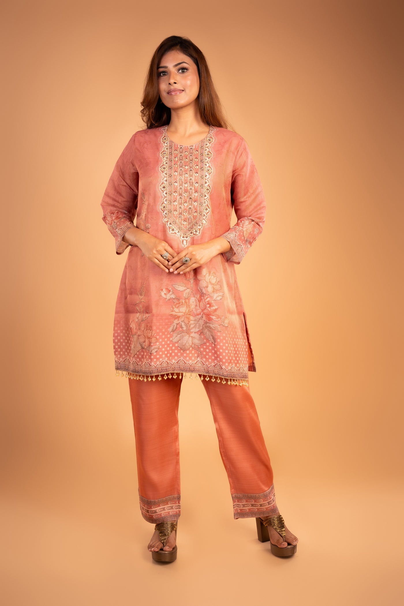 Rust Orange Kurta set with Intricate Embroidery & Floral Print