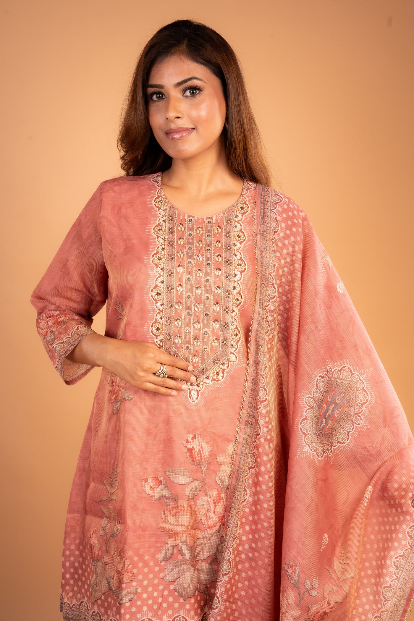 Rust Orange Kurta set with Intricate Embroidery & Floral Print