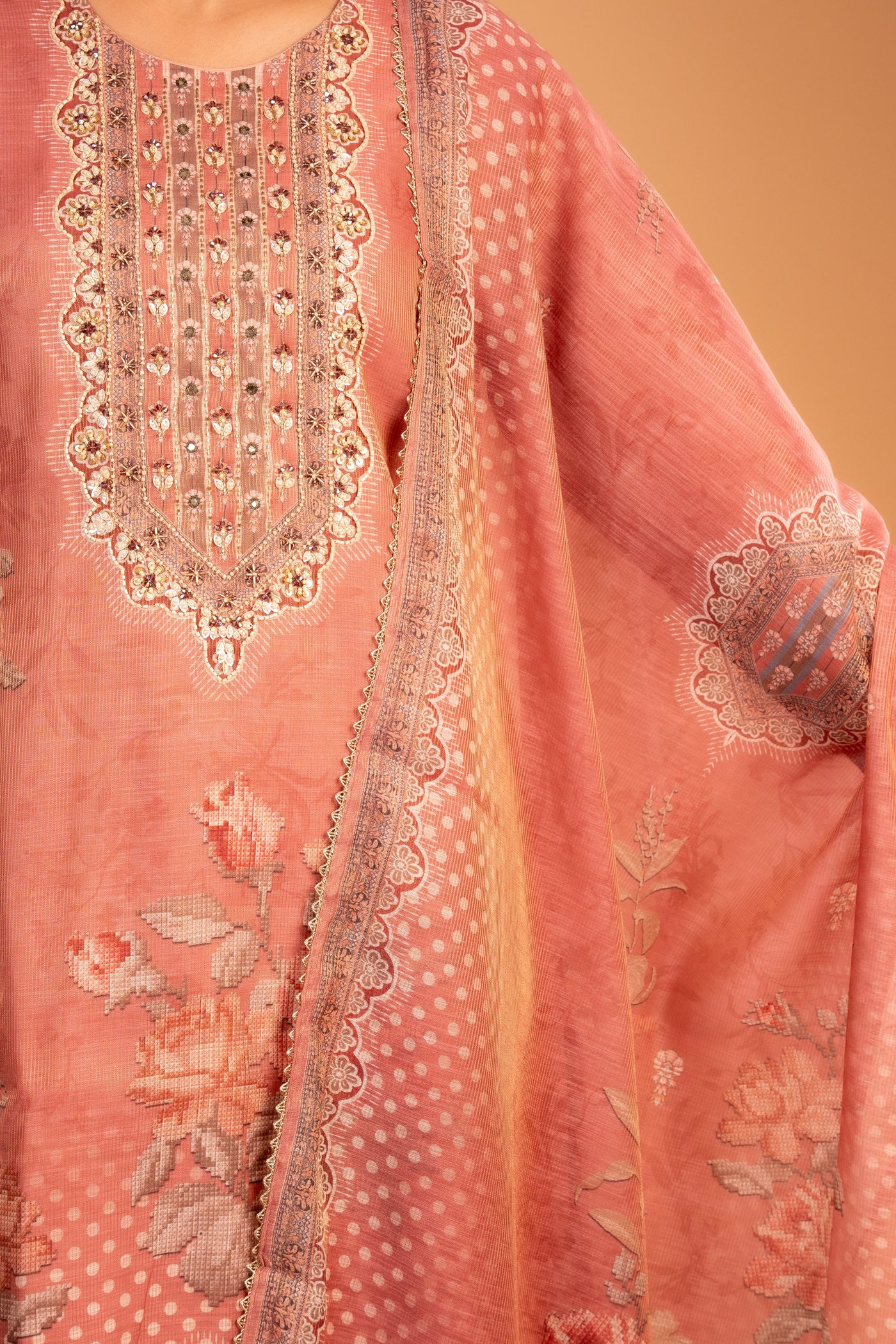 Rust Orange Kurta set with Intricate Embroidery & Floral Print