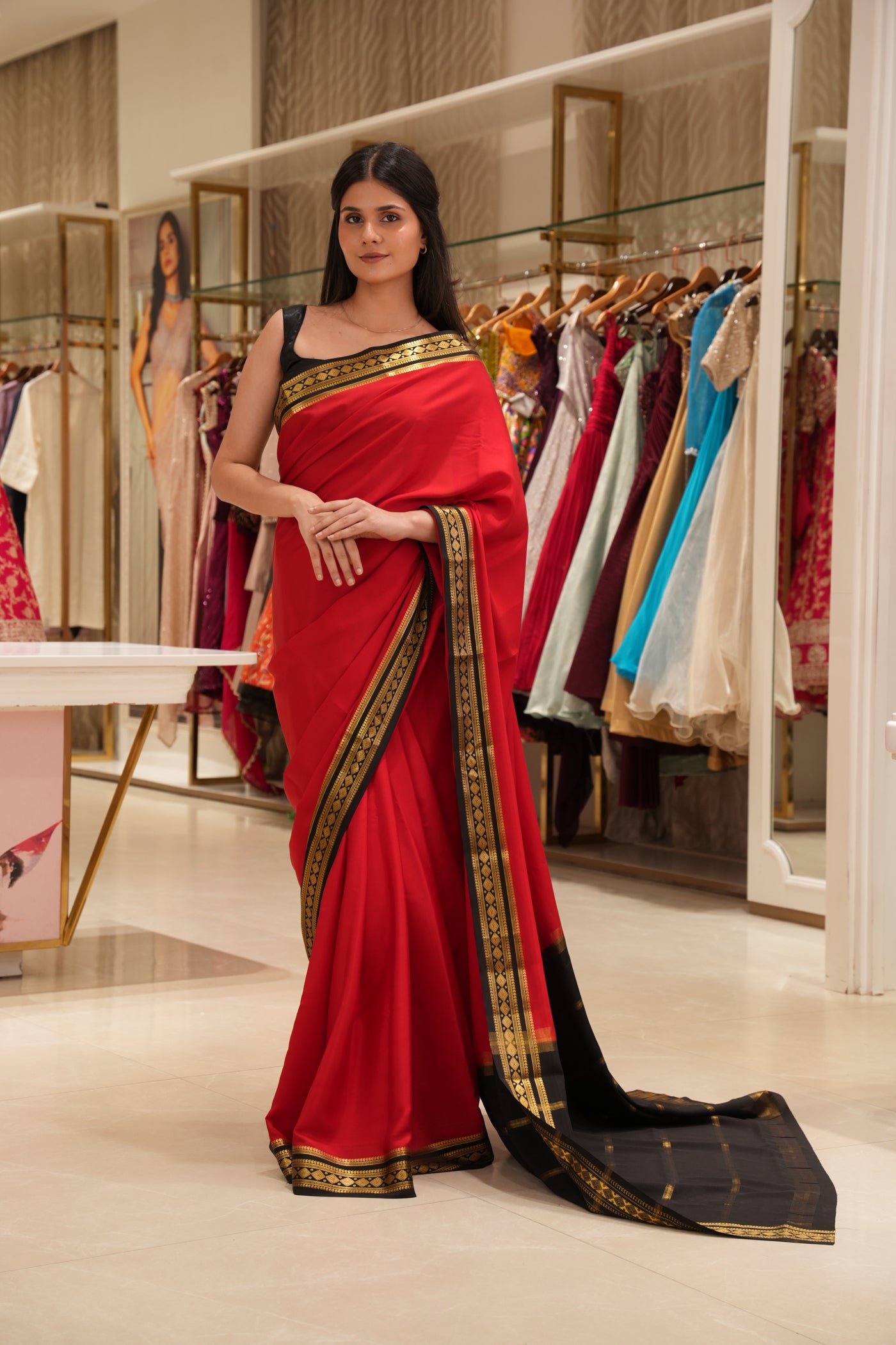 Ruby Red & Black Silk Saree with Gold Zari Border