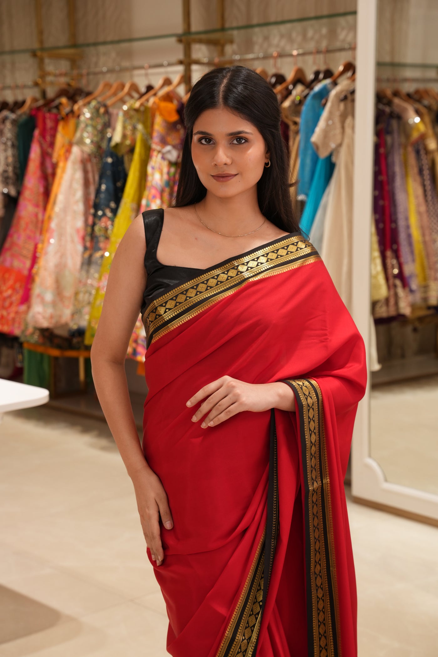 Ruby Red & Black Silk Saree with Gold Zari Border
