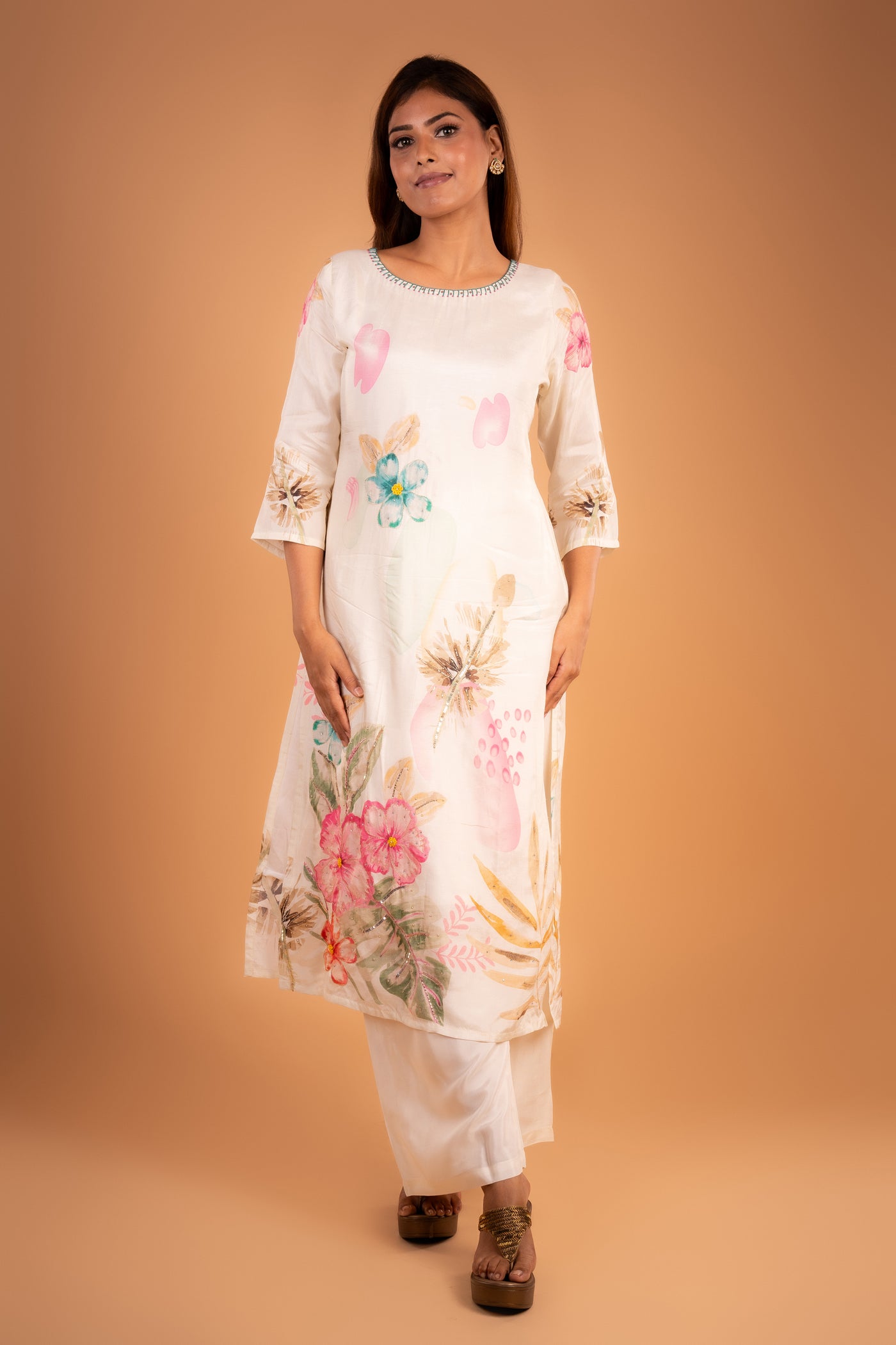 Ivory Cream Chanderi Kurta set with Abstract Floral Print