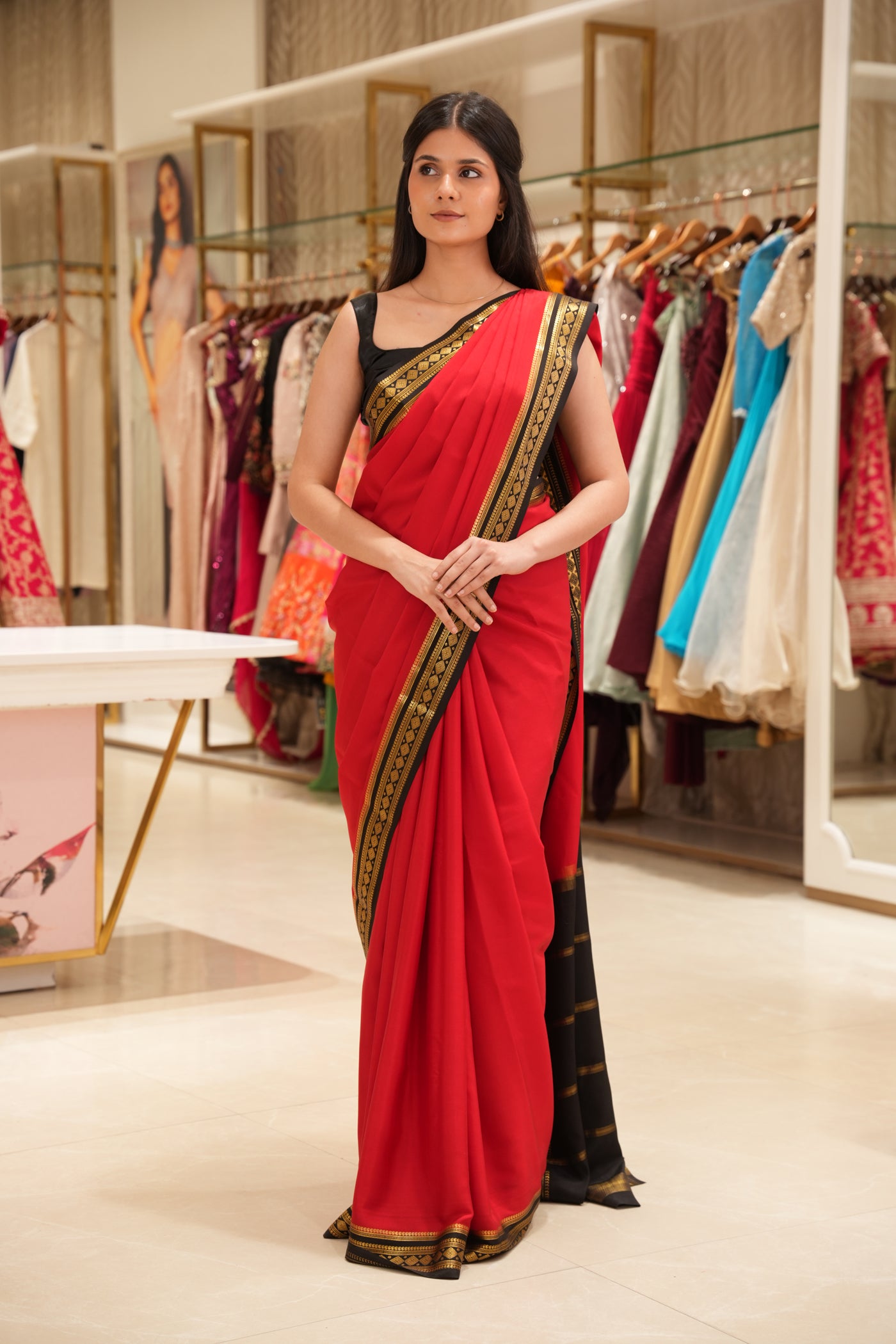 Ruby Red & Black Silk Saree with Gold Zari Border