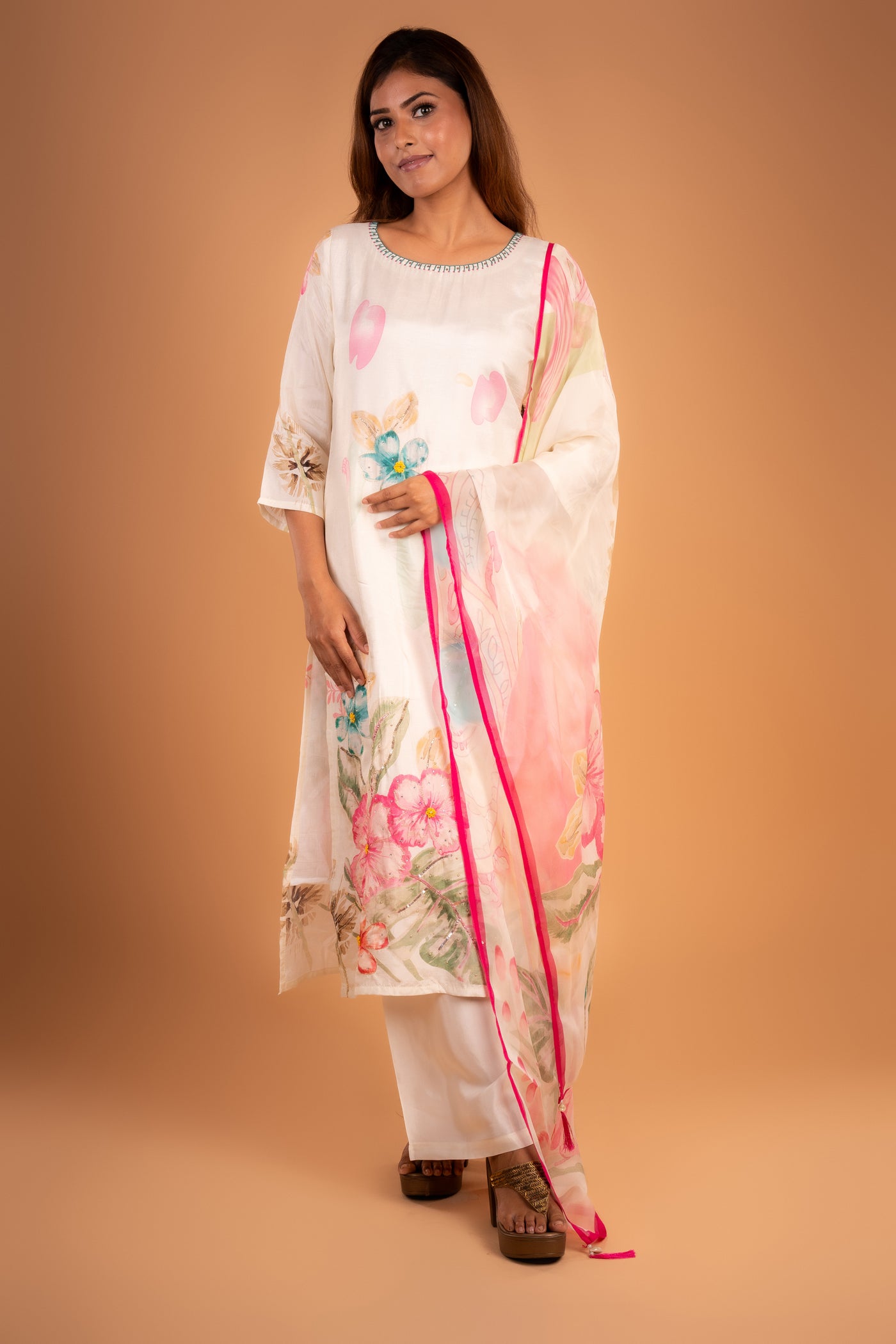 Ivory Cream Chanderi Kurta set with Abstract Floral Print
