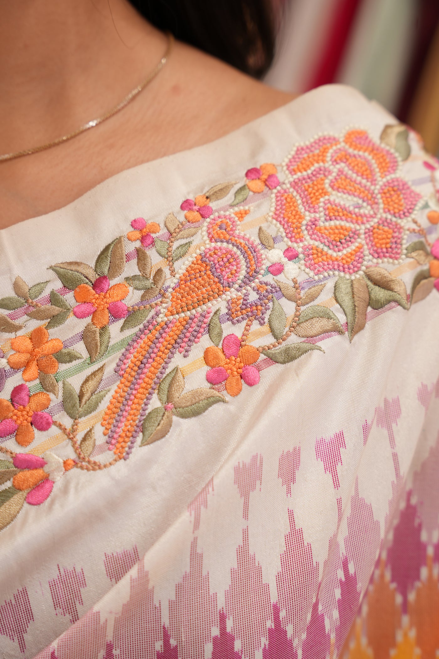 White Multicolour hand woven ikkat fusion Saree with petite point Border