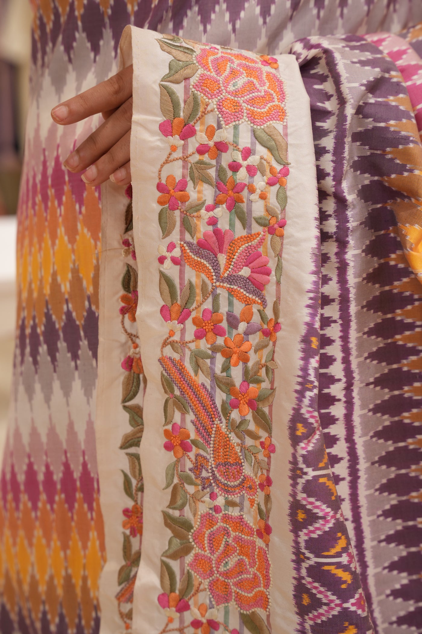 White Multicolour hand woven ikkat fusion Saree with petite point Border
