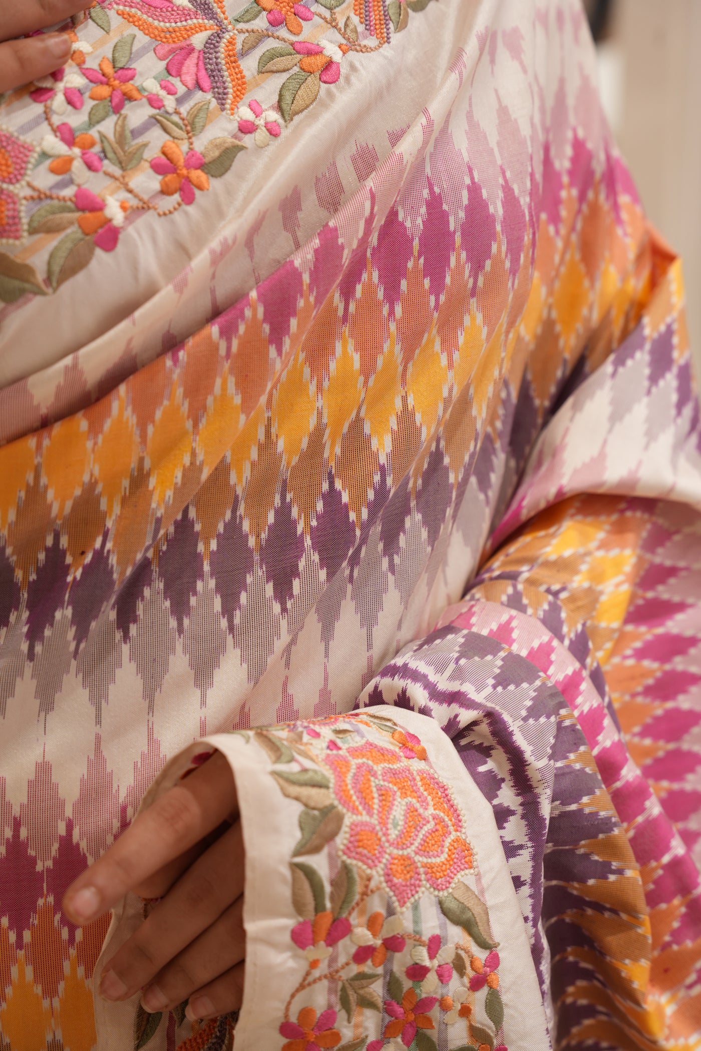 White Multicolour hand woven ikkat fusion Saree with petite point Border
