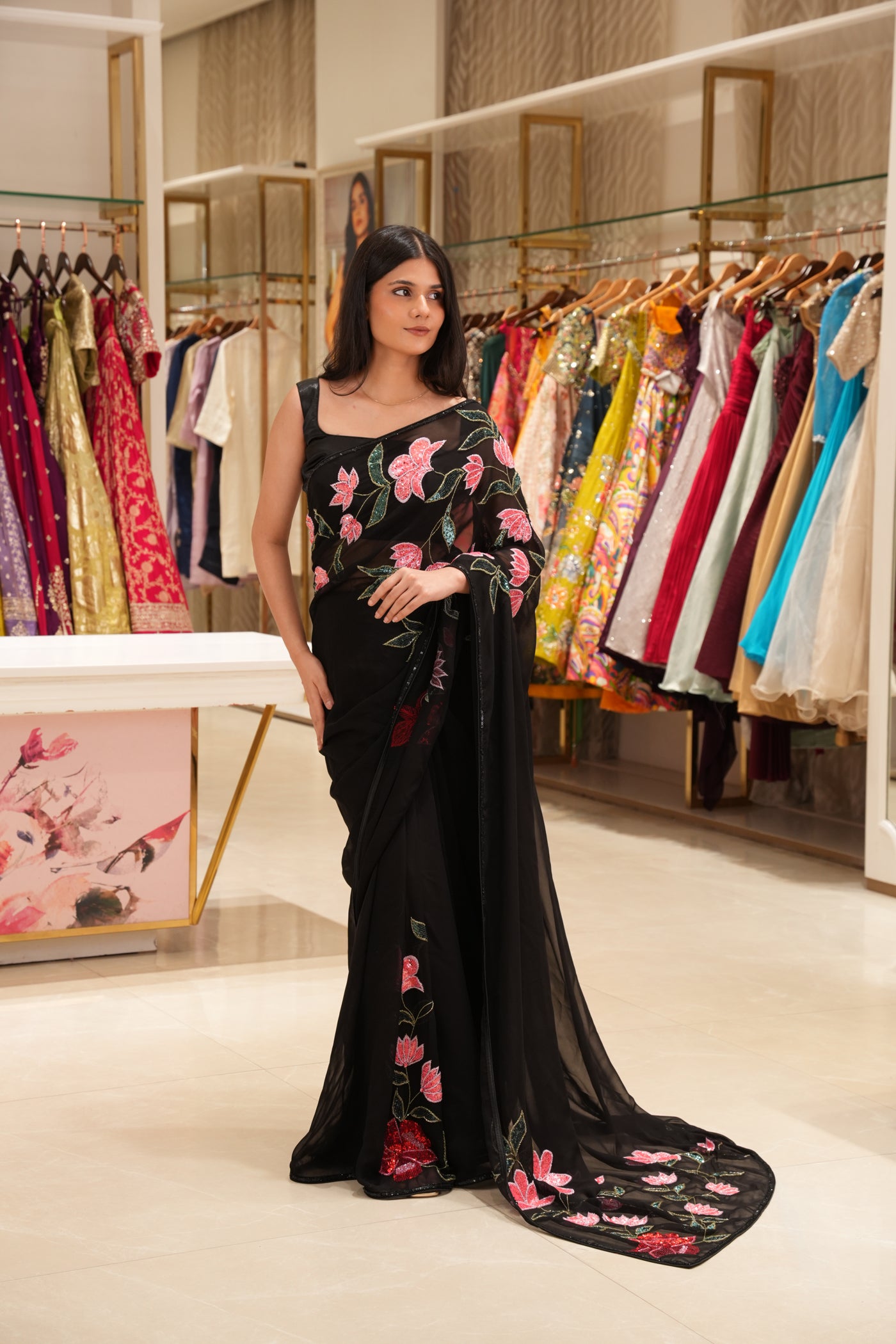 Black Floral Hand Embroidered Saree with Pink and green Sequin Detailing