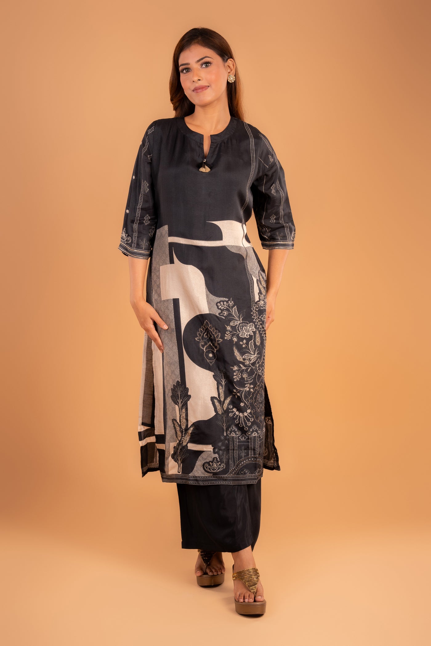 Black Elegant Embroidered Kurta set with Beige Floral Panel
