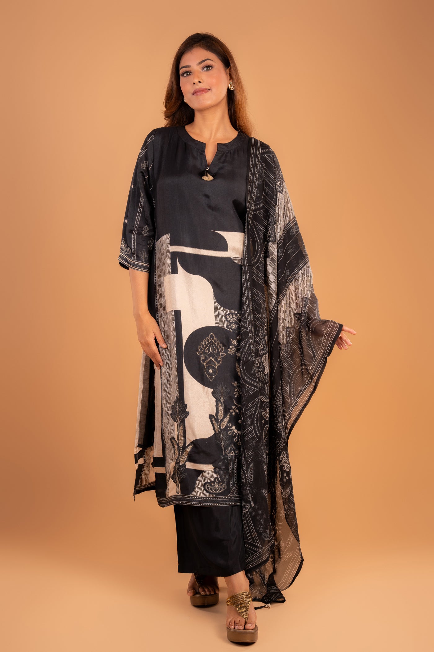 Black Elegant Embroidered Kurta set with Beige Floral Panel