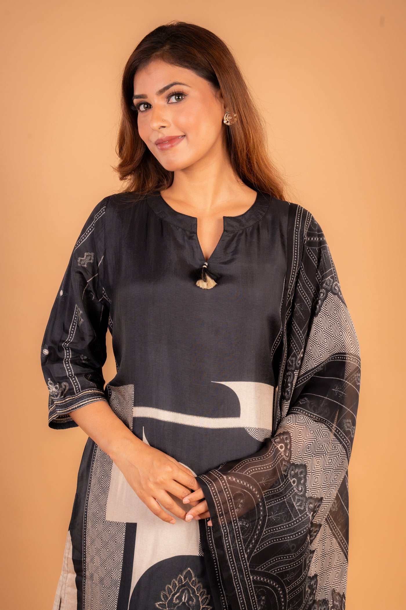 Black Elegant Embroidered Kurta set with Beige Floral Panel