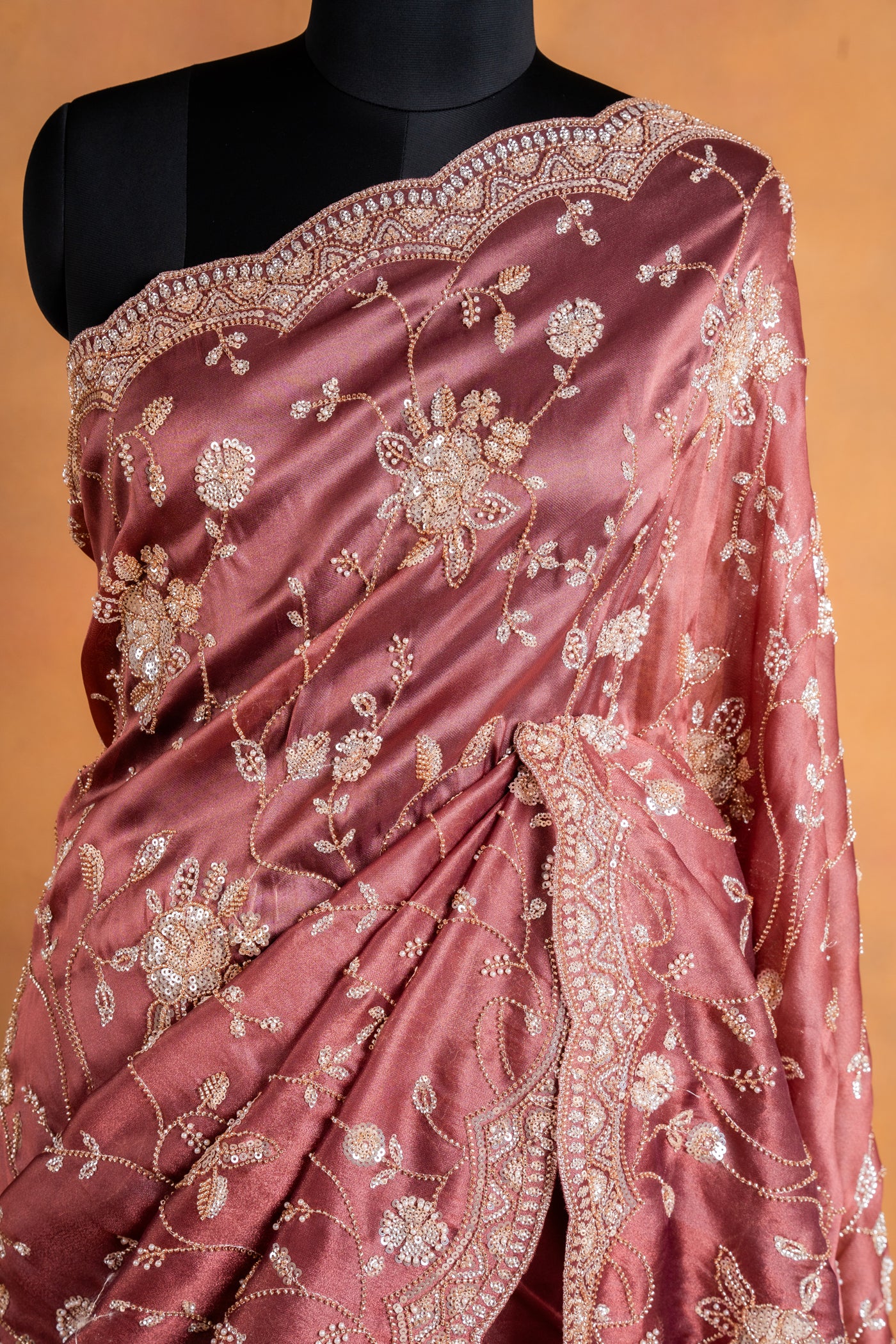 Mauve Floral Embroidered Organza tissue Saree (RTS)