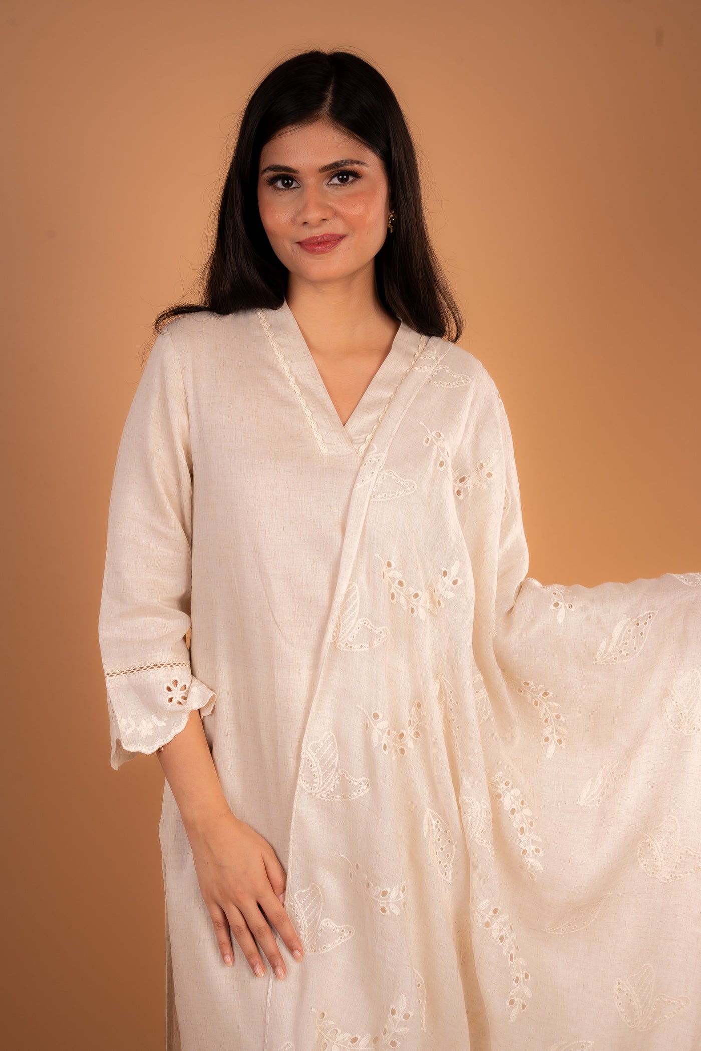 off‑white (beige) Linen Kurta set with Embroidered sleeves