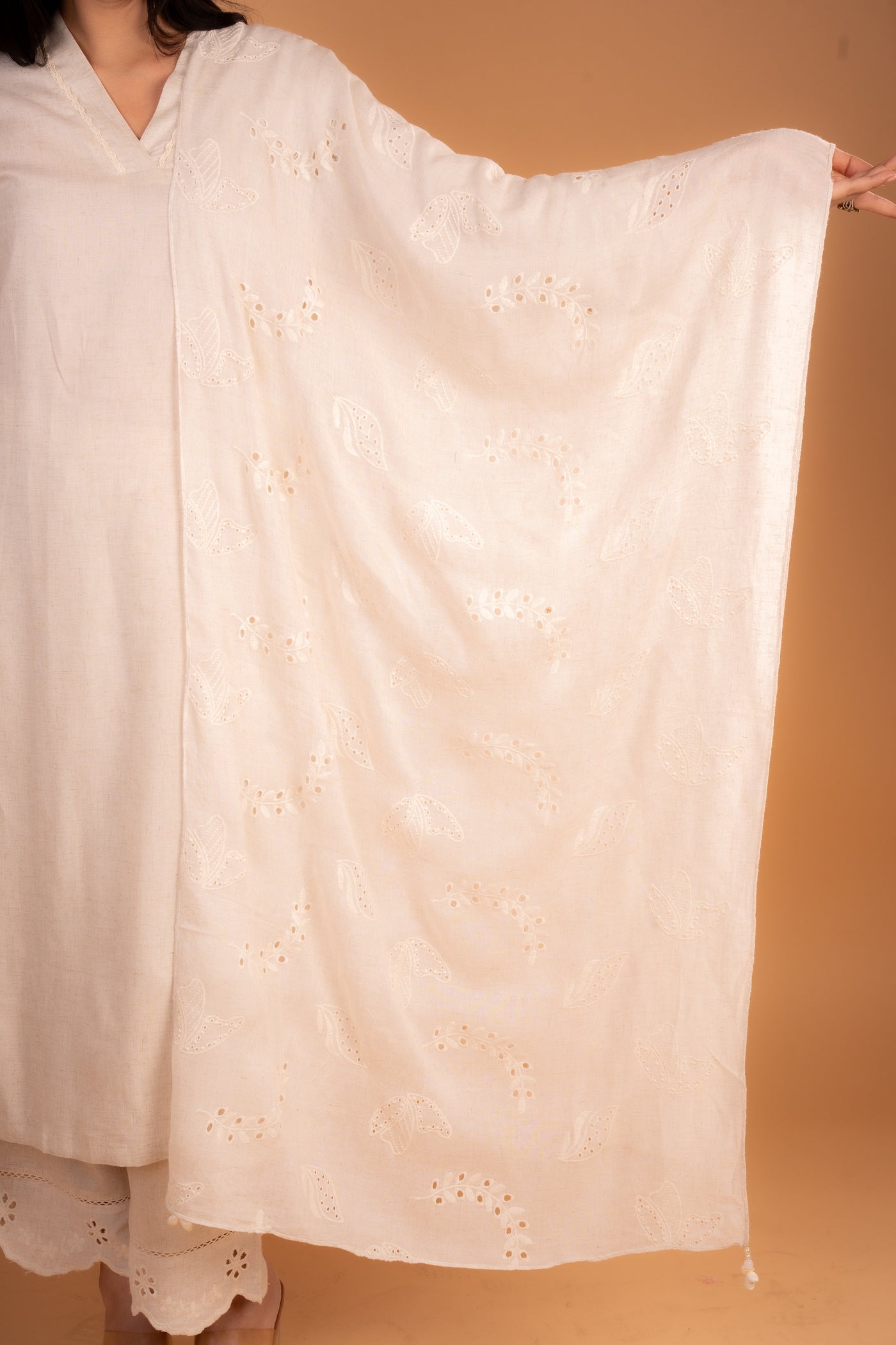 off‑white (beige) Linen Kurta set with Embroidered sleeves