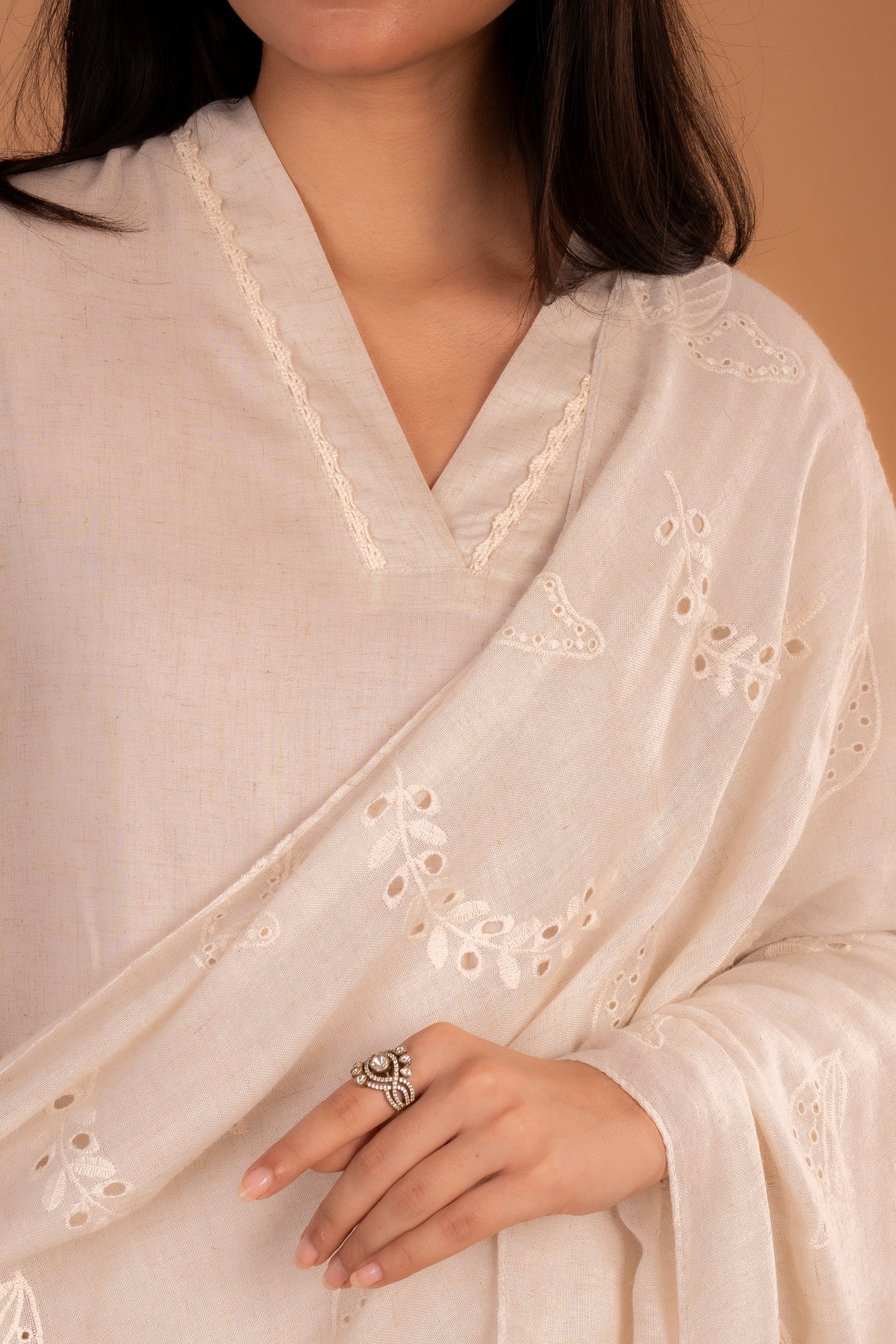 off‑white (beige) Linen Kurta set with Embroidered sleeves