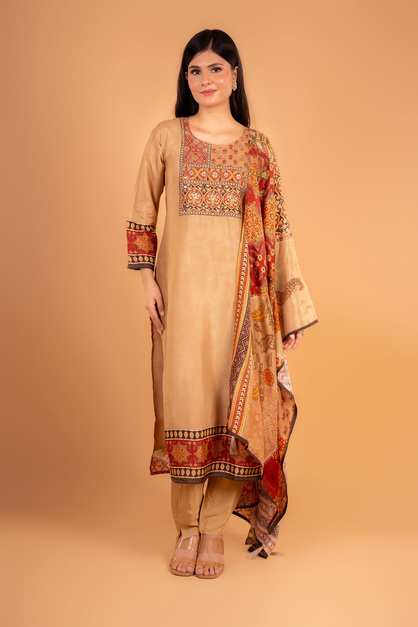 Gold Kurti with multicolored ajrak print
