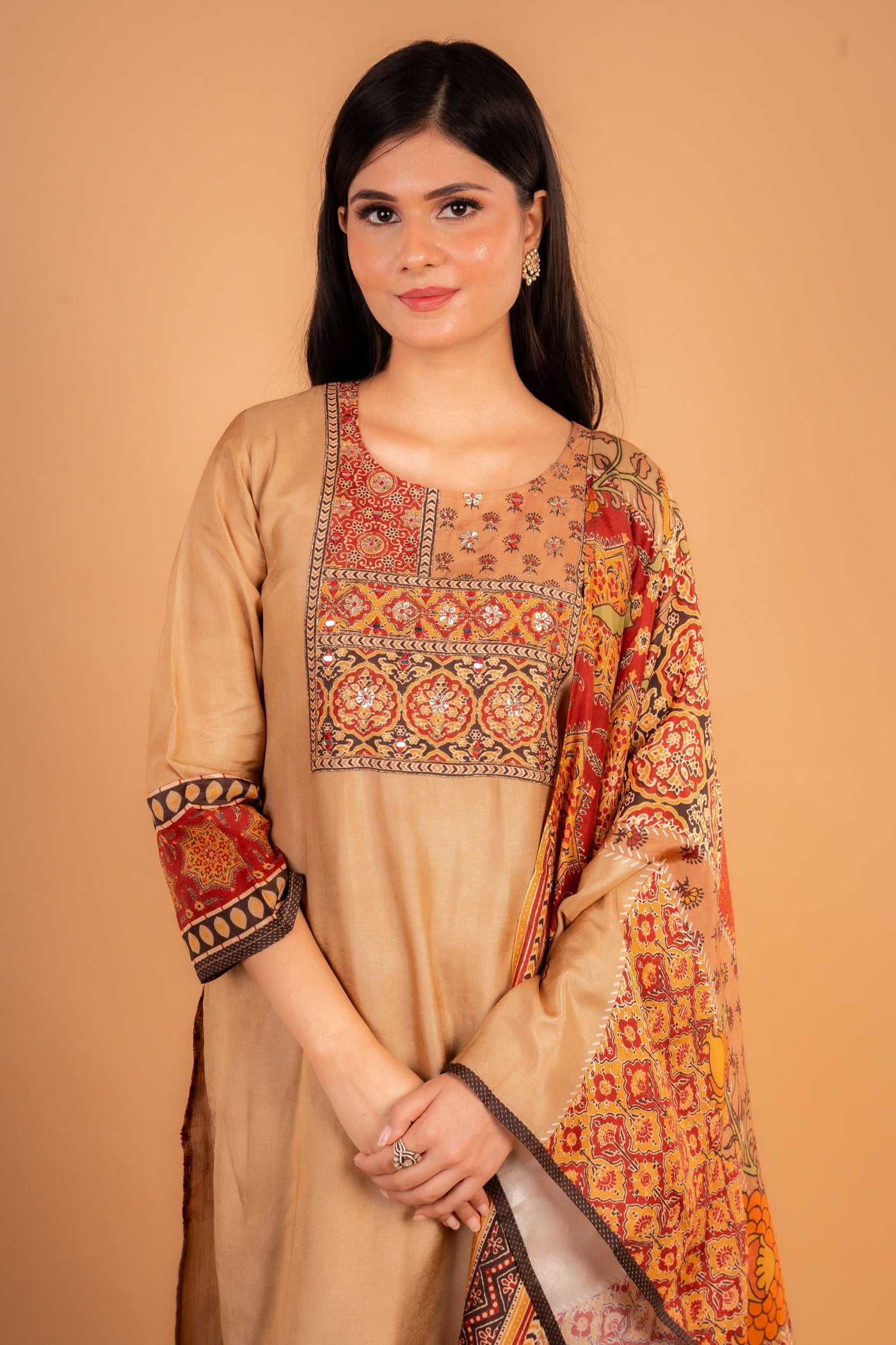 Gold Kurti with multicolored ajrak print