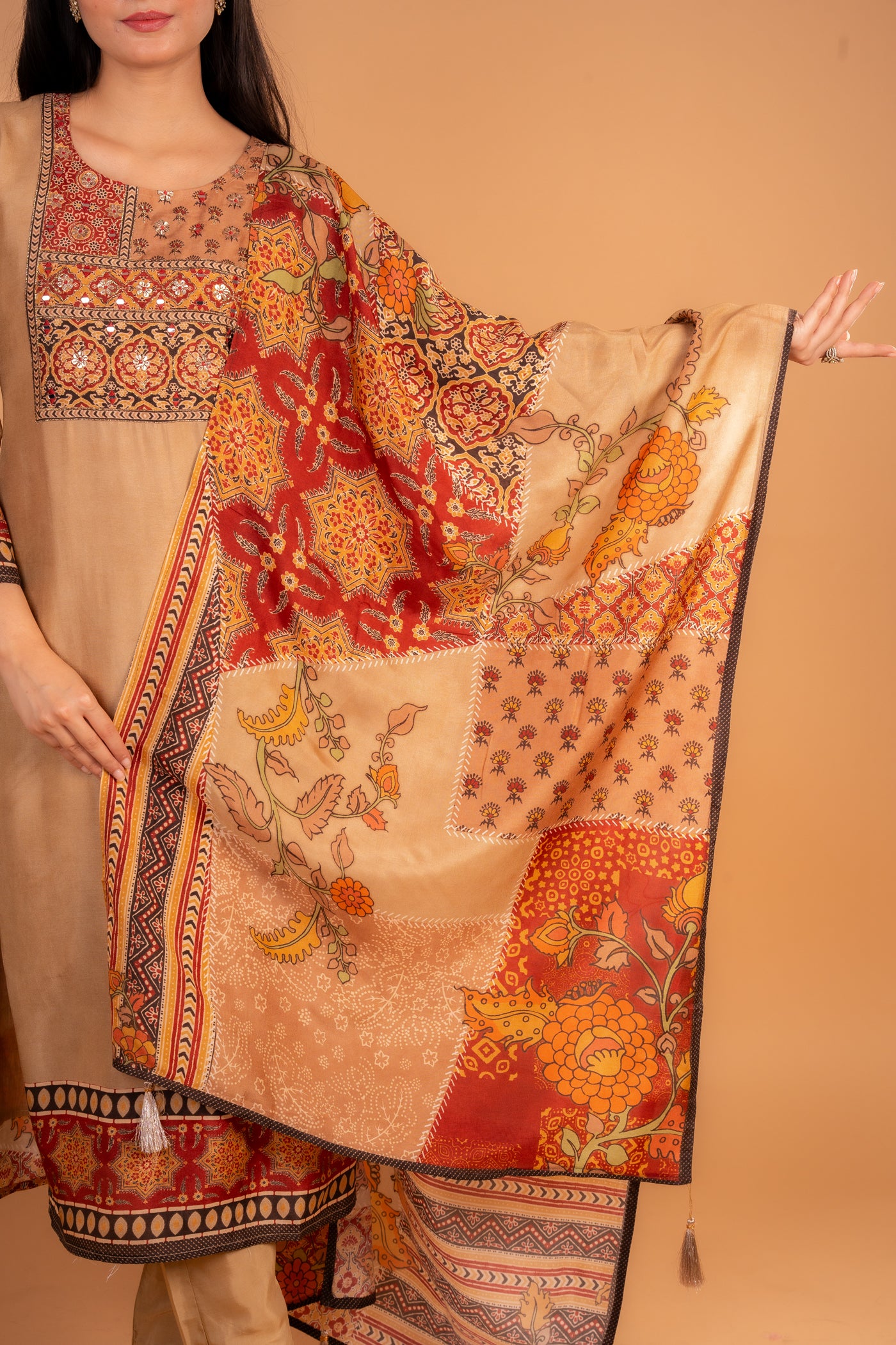 Gold Kurti with multicolored ajrak print