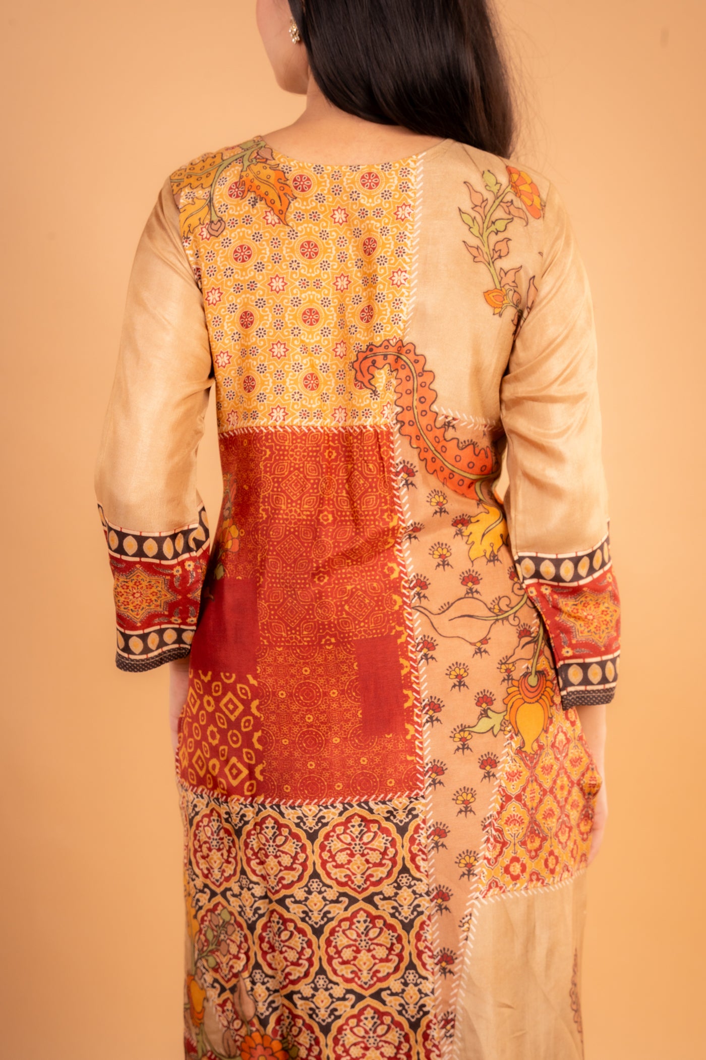 Gold Kurti with multicolored ajrak print