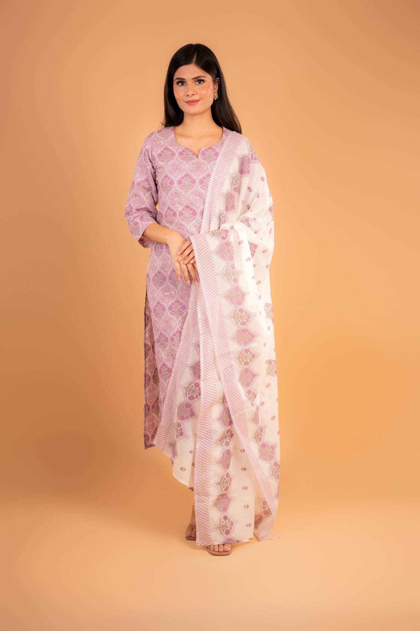 Pink Foil‑Printed Kurta set with Mirror and sequin Work